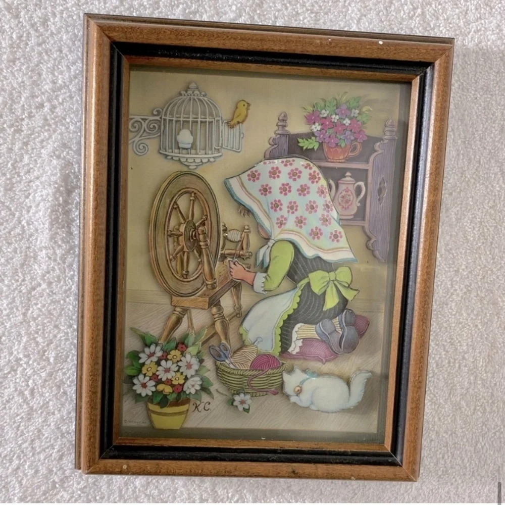 Vintage Teri-Tots Spinning Wheel Paper Tole 3D Art - Picture 8 of 8
